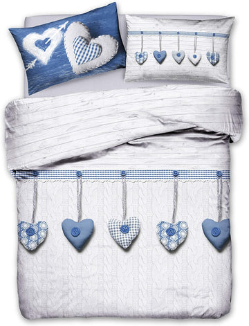 Parure Copripiumino Matrimoniale e Singolo 100% Cotone | Cuori Appesi Blu